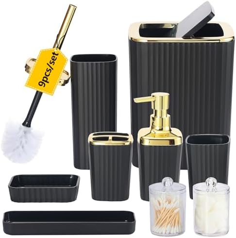 9 PCS Black Bathroom Accessories Set with Trash Can Bathroom Accessory