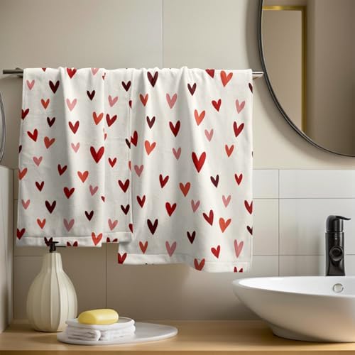 Valentines Day Hand Towels Set of 2, 14x28 Inch Love Heart Red White Bathroom Towel Soft Absorbent Microfiber Dish Towels for Kitchen Hotel Wedding Anniversary Home Decor
