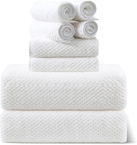 Smuge 8pcs Bath Towel Set, 2 Extra Large Bath Towel Sheets, 2 Hand Towels and 4 Washcloths- Highly Absorbent Microfiber,Ultra Soft Towel Set for Bathroom,Waffle Weave Design, Pack of 8 (White)