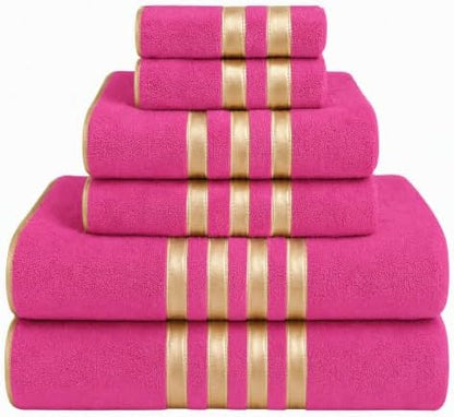 6-PCS Coral Fleece Microfiber Towel Set with Gold Stripes, Super Absorbent, Multiple Colors Available for Home, Bathroom, Hotel & Gym (6, Rose red)