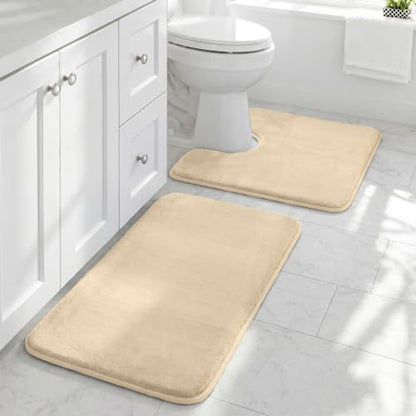 HUXMEYSON Bathroom Rugs Sets 2 Piece, Non-Slip & Quick Dry Bath Mat Set, Ultra Soft Velvet Bath Rugs for Bathroom, Toilet and Shower Floor, Light Coffee