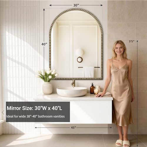 Beaded Arched Mirror for Wall, 30"x40" Gold Arch Brass Bathroom Mirrors, Champagne Bronze Vintage Tempered Glass Mirror with Metal Frame for Mantle,Bedroom,Dressing Room,Entryway,Fireplace