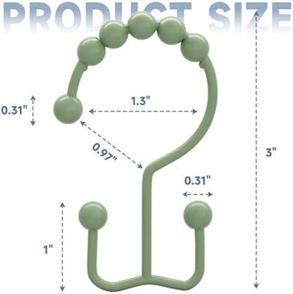 Titanker Shower Curtain Hooks Rings, Rust-Resistant Metal Double Glide Shower Hooks for Bathroom Shower Rods Curtains, Set of 12 Hooks - Sage Green