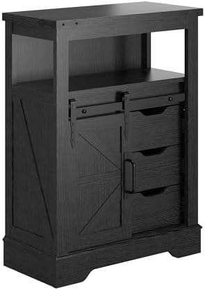 Panana Farmhouse Bathroom Floor Cabinet, Sliding Barn 3 Drawers & 1 Door Freestanding Small Storage Cabinet for Bathroom, Kitchen (Black)