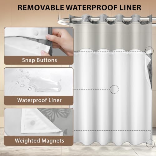 FADOTY No Hook Shower Curtain Snap in Liner Set with Grey Butterfly Design