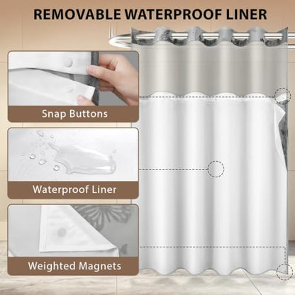 FADOTY No Hook Shower Curtain Snap in Liner Set with Grey Butterfly Design