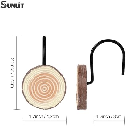 Sunlit Farmhouse Wooden Slices Shower Curtain Hooks, Rustic Home Decorative Shower Curtain Rings with Black Hooks for Bathroom, Resin Shower Curtain Hangers Bathroom Accessories, Set of 12, Brown