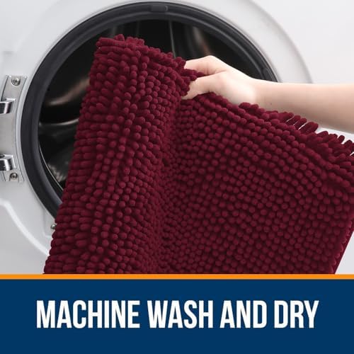OLANLY Chenille Bathroom Rugs Mats Sets 2 Piece, 47"x20"+24"x20", Burgundy