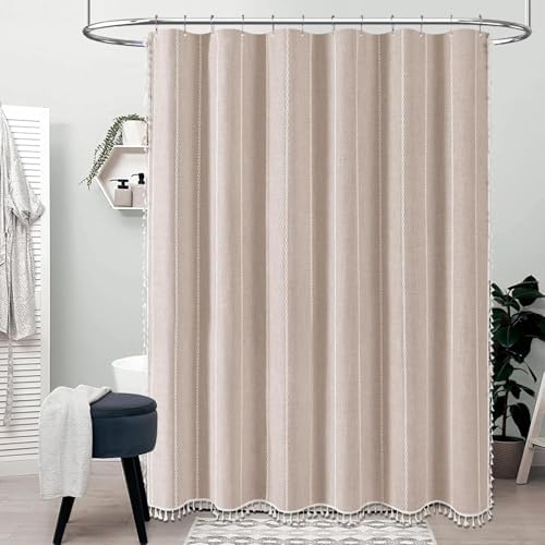 BTTN 72 x 80 Boho Linen Heavy Duty Cloth Shower Curtain Set, Tan/Taupe