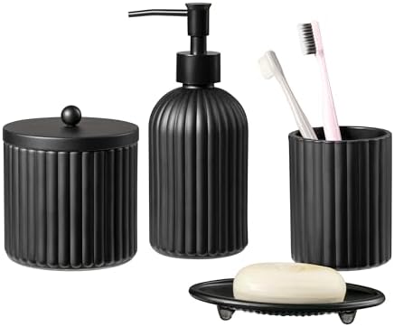 4PCs Heavy Weight Decent Glass Bathroom Accessories Set with Decorative Pressed Pattern - Includes Hand Soap Dispenser & Tumbler & Soap Dish & Toothbrush Holder (Black)