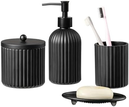 4PCs Heavy Weight Decent Glass Bathroom Accessories Set with Decorative Pressed Pattern - Includes Hand Soap Dispenser & Tumbler & Soap Dish & Toothbrush Holder (Black)