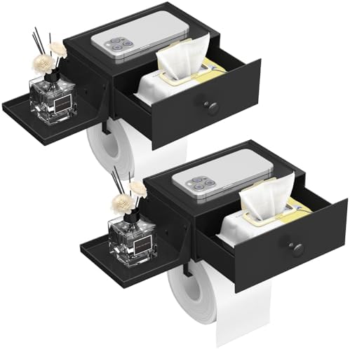 Lifewit Toilet Paper Holder Wall Mount with Shelf & Drawer, Black, 2 Pack