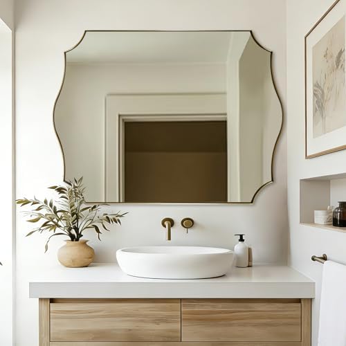 ANDY STAR 36"x48" Gold Vanity Mirror, Large Bathroom Mirrors for Wall, Antique Champagne Bronze Mirror in Anti-Rust Stainless Steel Thin Frame, Elegant Curved Scallop Design, Ideal for Home Remodel