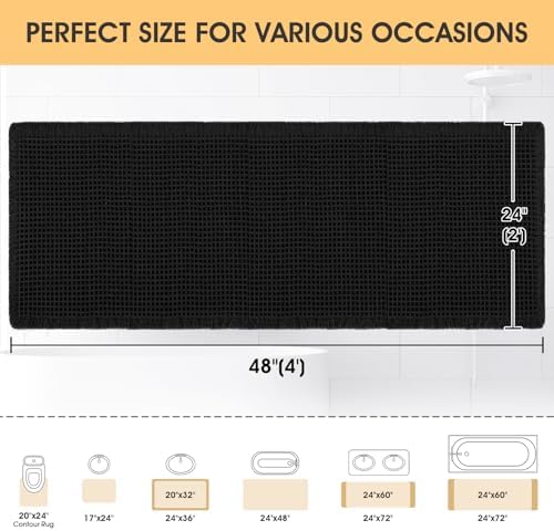 IM HOME Waffle Bath Mat Black 4'x2', Boho Woven Modern Bath Mat Rugs, Absorbent Non Slip Bathroom Rugs, Soft Washable Bath Rugs with Tassels for Bathroom, Bedroom, Kitchen, Shower, Tub