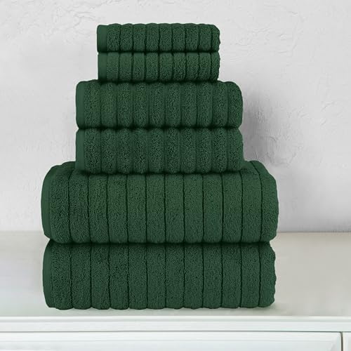 Elegant Comfort 100% Turkish Cotton Corduroy Ribbed Luxury Bath Towels 6-Piece Set, Premium Feel - Quick Dry, Highly Absorbent, Contains 2 Bath Towels, 2 Hand Towels, and 2 Washcloths, Hunter Green