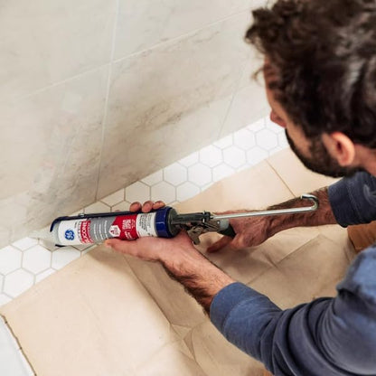 GE Silicone Caulk for Tub & Tile Kitchen & Bath, Clear, 10 fl oz Cartridge, 1 Pack - 100% Waterproof Silicone Sealant, Excellent Flexibility, Shrink & Crack Proof