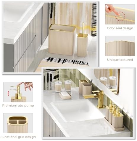 Bathroom Set - Bathroom Accessory Set, Beige Bathroom Set, 26PC Bathroom Sets with Shower Curtain and Rugs, Toilet Brush, Trash Can, Qtip Holder & Bathroom Soap Dispenser Set