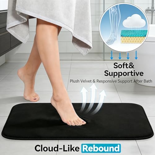 Black Bathroom Rug Set Memory Foam Bath Mats 3 Piece with Toilet Mats, Soft & Supportive, Shock Absorbing, Water Absorbent, Non-Slip Bath Rugs, Machine Washable, Area Rug, Home Decor Accessories