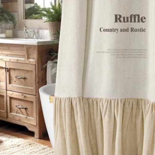 Farmhouse Shower Curtain Ruffle Linen Natural-Flax Tan 72"W x 72"L