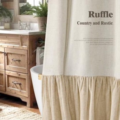 Farmhouse Shower Curtain Ruffle Linen Natural-Flax Tan 72"W x 72"L