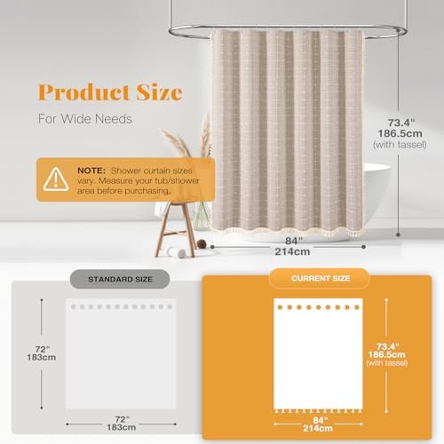 BTTN 84x72 Boho Farmhouse Linen Heavy Duty Shower Curtain Set, Tan/Taupe