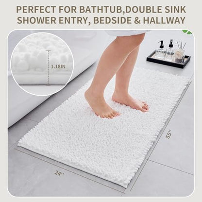 Bathroom Rugs Non Slip Washable 55x24, Extra Thick Soft Chenille Absorbent Bath Mat, High Density Barrier Non Slip Backing, Quick Dry Plush Shaggy Floor Carpet for Tub&Shower, White