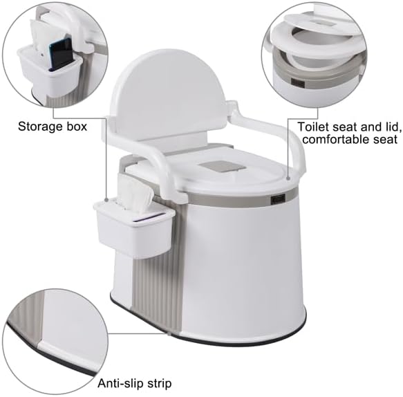 Portable Camping Toilet with 5-Gallon Removable Bucket, Off White | Anti-Slip Base, Side Handrails, Tissue Paper Holder, Water-Free Cleaning, 52.5x42.5x66cm
