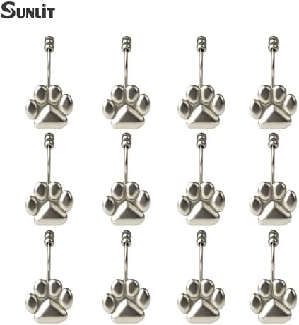 Sunlit Fashion Design Cute Paw Print Polished Double Shower Curtain Hooks for Dog Cat and Bear, Rust Proof Oil Rubbed Metal Shower Curtain Rings-12 Pack