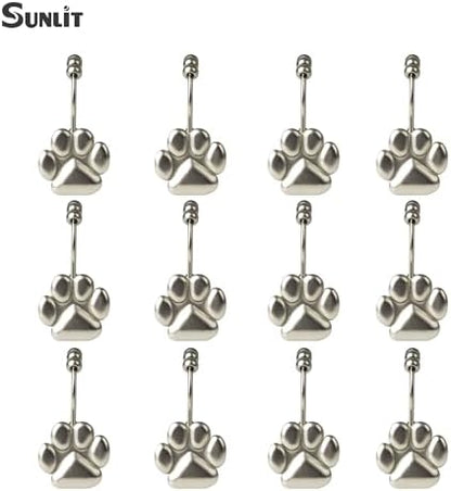Sunlit Fashion Design Cute Paw Print Polished Double Shower Curtain Hooks for Dog Cat and Bear, Rust Proof Oil Rubbed Metal Shower Curtain Rings-12 Pack
