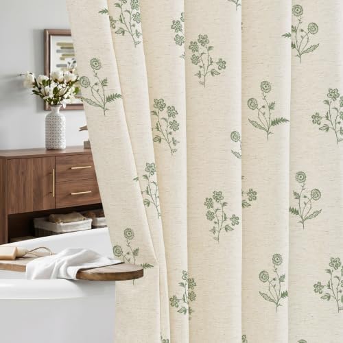 ORTIGIA Linen Shower Curtain Farmhouse Vintage Green Floral Cottage Core Shower Curtains Boho Rustic Block Print Decor for Bathroom 72 W x 72 L