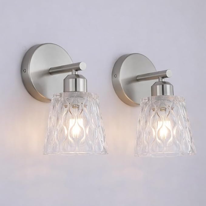 Brushed Nickel Bathroom Light Fixtures, 1-Light Modern Vanity Wall Sconce, 2-Pack, Textured Glass Shades, Stainless Steel Construction, E26 Sockets (Bulbs Not Included)