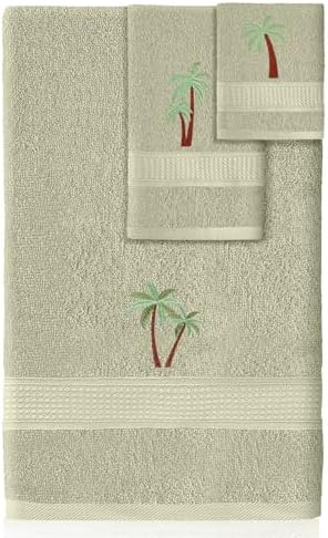 3 Pcs Summer Palm Tree Bathroom Towel Set Farmhouse Embroidered Palm Tree Towels Vintage Decorative 100% Cotton Bath Towel Highly Absorbent Elegant Summer Decor Set for Bathroom