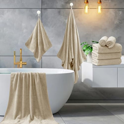 8 Piece Bath Towel Set-2 Oversized Bath Sheets(35"x70"),2 Hand Towels,4 Washcloths-Extra Large Microfiber Towel Sets,Less Lint Highly Absorbent & Quick Dry Bath Towels for Bathroom Gym Pool,Camel