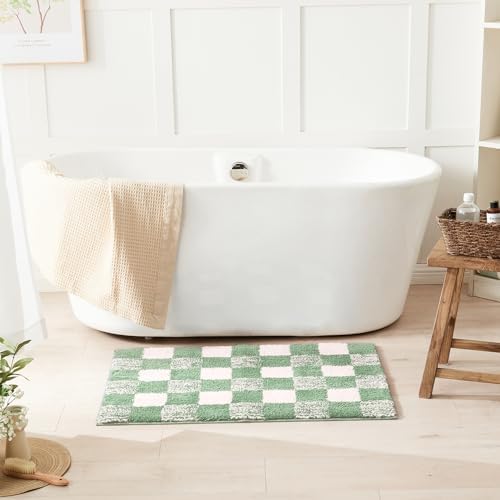 CozeCube Checkered Bath mats for Bathroom Non Slip, Plush Shaggy Bath Rugs for Bathroom Washable, Buffalo Plaid Bath mat, Sage Green, 47" x 24"