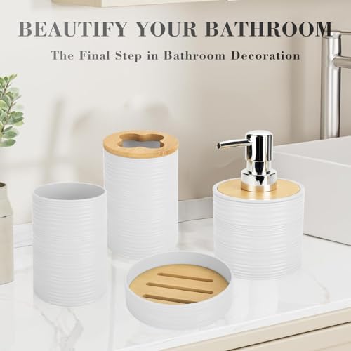 4PCS White Bathroom Set, Soap Dispenser, Dish & Bamboo Holder, Rustic