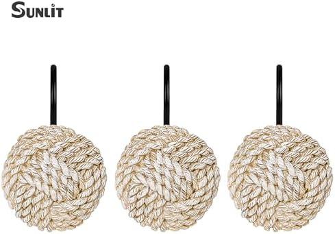Sunlit Boho Knots Shower Curtain Hooks, Home Decorative Shower Curtain Rings with Black Hooks for Bathroom, Seaside Nautical Shower Curtain Hangers Bathroom Accessories, Set of 12