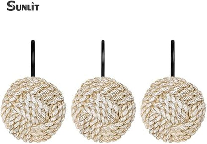 Sunlit Boho Knots Shower Curtain Hooks, Home Decorative Shower Curtain Rings with Black Hooks for Bathroom, Seaside Nautical Shower Curtain Hangers Bathroom Accessories, Set of 12