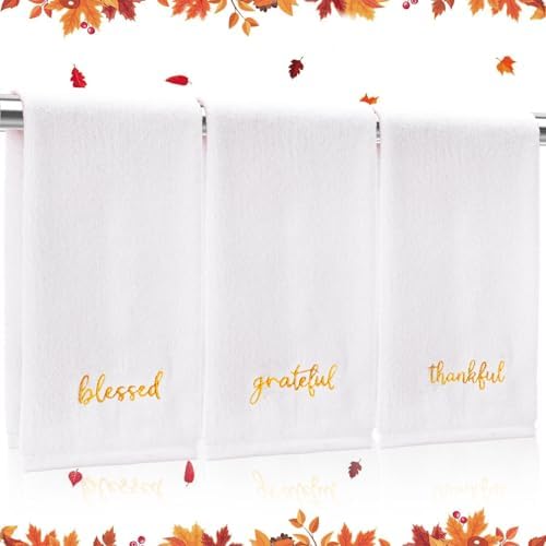 JarThenaAMCS 3Pcs Fall Bathroom Decor Hand Towels Autumn Thanksgiving Cotton Embroidered Towel White Gold Absorbent Bath Towel for Farmhouse Kitchen Hand Drying Cleaning Cooking, 29.5 x 13.7 Inch