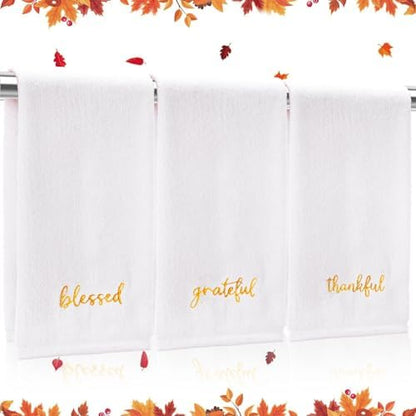 JarThenaAMCS 3Pcs Fall Bathroom Decor Hand Towels Autumn Thanksgiving Cotton Embroidered Towel White Gold Absorbent Bath Towel for Farmhouse Kitchen Hand Drying Cleaning Cooking, 29.5 x 13.7 Inch