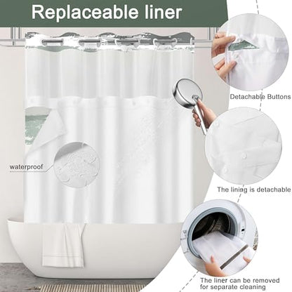No Hook Shower Curtain with Liner, Dark Green Stripe, 71x74 Inch