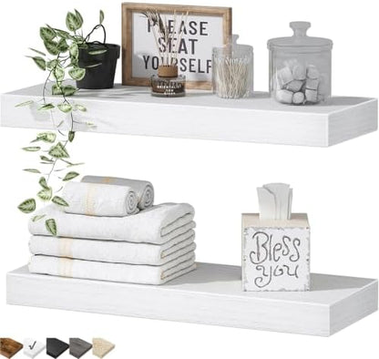 QEEIG Bathroom Floating Shelves for Wall - 15.7" Wall Mounted Shelf Over Toilet Farmhouse Home Decor Display Bookshelf Small 15.7 x 6.7 inch Set of 2, White (008-40W)
