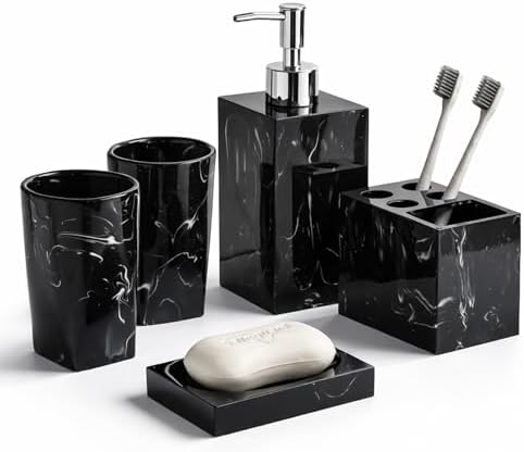 5 Piece Bathroom Accessories Set, Marble Resin Bathroom Vanity Set, Soap Dispenser, Toothbrush Holder, Soap Dish & 2 Tumblers, Bathroom Countertop Organizer Set (Ink Black)