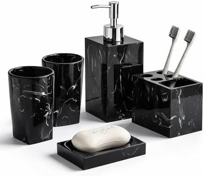 5 Piece Bathroom Accessories Set, Marble Resin Bathroom Vanity Set, Soap Dispenser, Toothbrush Holder, Soap Dish & 2 Tumblers, Bathroom Countertop Organizer Set (Ink Black)