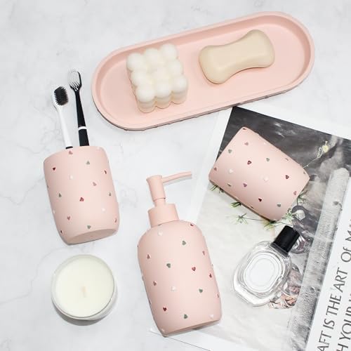 Bathroom Accessories Sets 4-Piece, Premium Pastel Heart Bathroom Accessory Complete Set - Toothbrush Holder, Lotion Soap Dispenser, Vanity Tray, Bathroom Tumbler for Countertop Vanity (Pink)