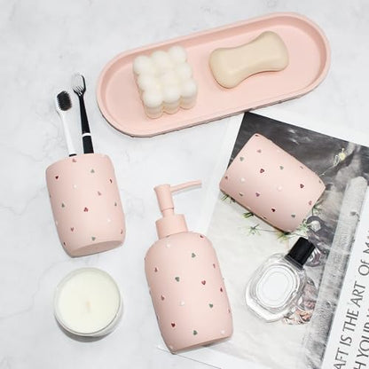 Bathroom Accessories Sets 4-Piece, Premium Pastel Heart Bathroom Accessory Complete Set - Toothbrush Holder, Lotion Soap Dispenser, Vanity Tray, Bathroom Tumbler for Countertop Vanity (Pink)