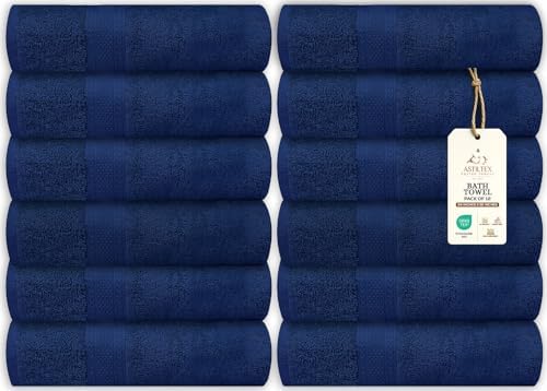 Bath Towels Bulk Set of 12 – 24" x 50" – 100% Cotton Terry, Soft, Quick-Dry & Highly Absorbent – Navy Blue Towels for Bathroom, Spa, Gym, Hotel, Pool & Everyday Use
