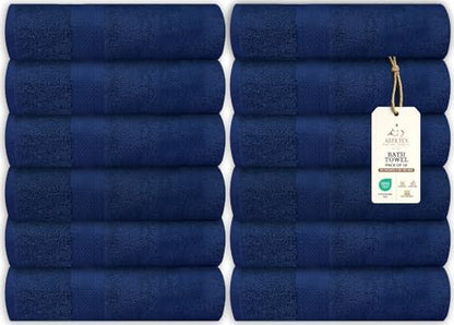Bath Towels Bulk Set of 12 – 24" x 50" – 100% Cotton Terry, Soft, Quick-Dry & Highly Absorbent – Navy Blue Towels for Bathroom, Spa, Gym, Hotel, Pool & Everyday Use