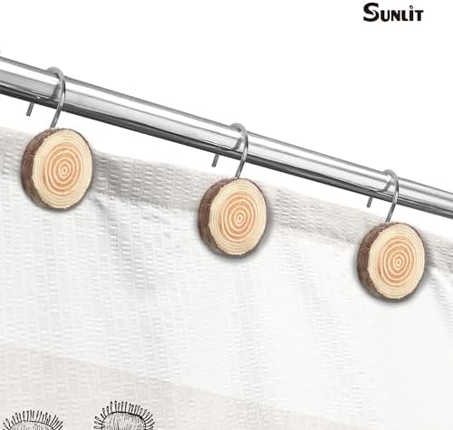 Sunlit Farmhouse Wooden Slices Shower Curtain Hooks, Rustic Home Decorative Shower Curtain Rings for Bathroom, Resin Shower Curtain Hangers Bathroom Accessories, Set of 12, Brown