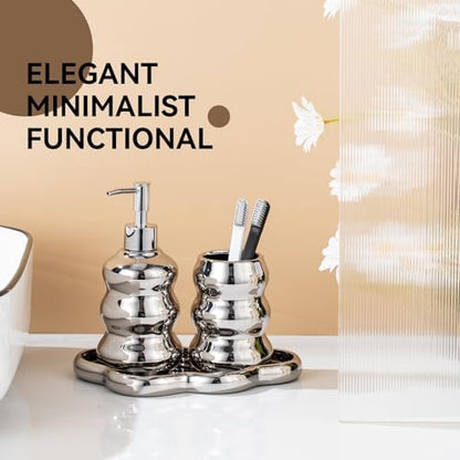 Silver Bathroom Accessory Set, 3-Piece Ceramic Bath Accessories Set with Tray, Lotion Dispenser, and Tumbler