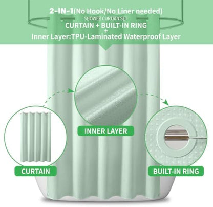 No Hook Waffle Shower Curtain, No Liner Needed, 71x74 Inch, Mint Green